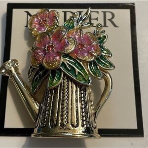 Napier Brooch Pin Watering Can Flowers Gardener Gold Tone Enamel NWT